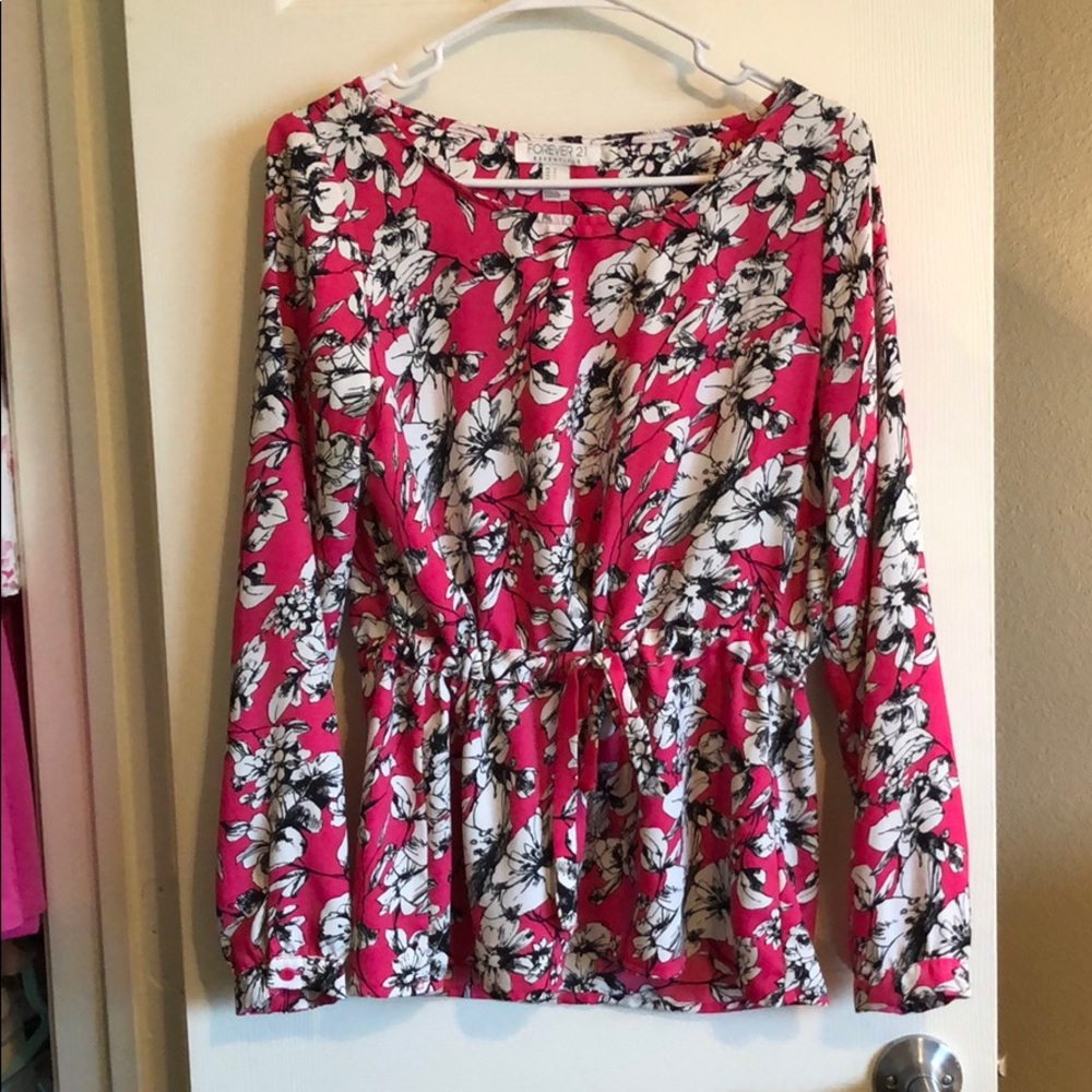 Pink floral blouse with tie waist